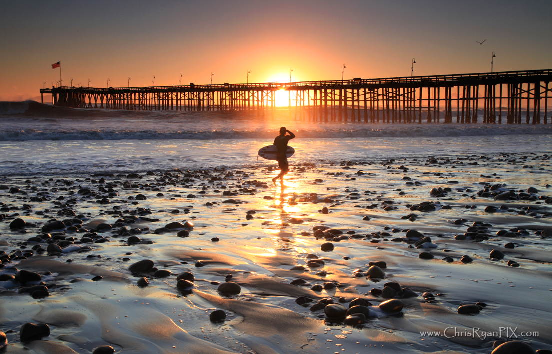 Gold Sunset with Surfer and Surf Board near Ventura Pier