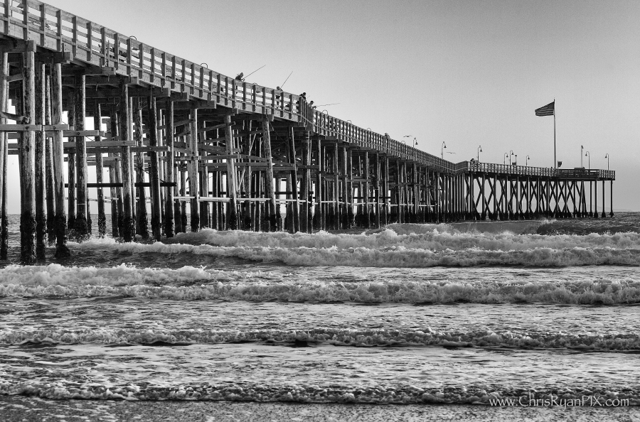 Fishing off the Ventura Pier (Black and White Photograph)