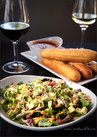 food photography of salad and bread with wine