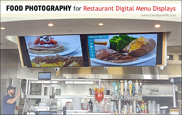 Food Photography shown on large displays inside restaurant
