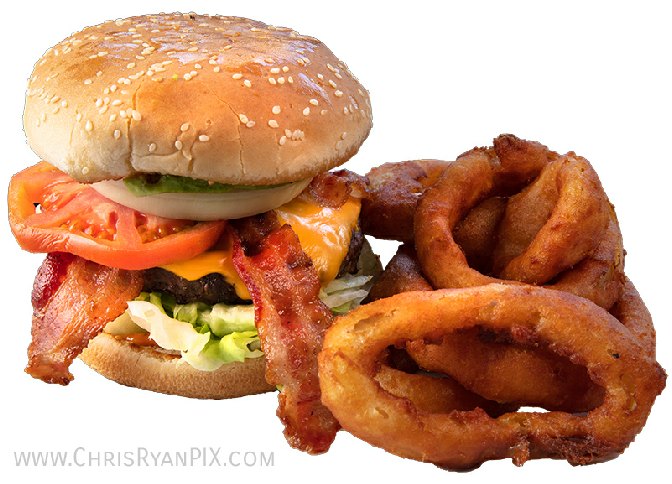 Delicious food photo of hamburger and onion rings