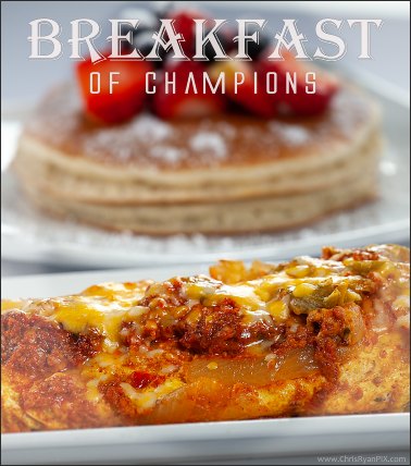 Food Photography of strawberries on pancakes with burrito for breakfast poster (ChrisRyanPIX)